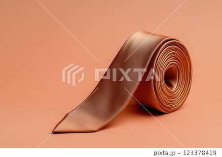 Elegant Rolled Copper Silk Necktie on Minimalist Peach Background 123378419