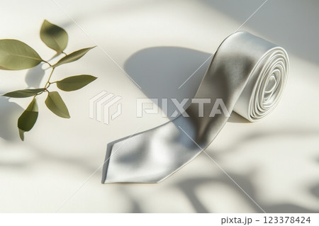 Elegant White Silk Tie on Minimalistic Background with Leaf Shadows 123378424