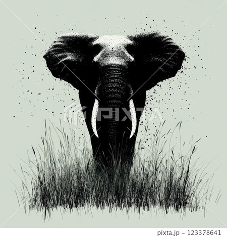 Majestic elephant emerging from lush green grass in serene setting 123378641