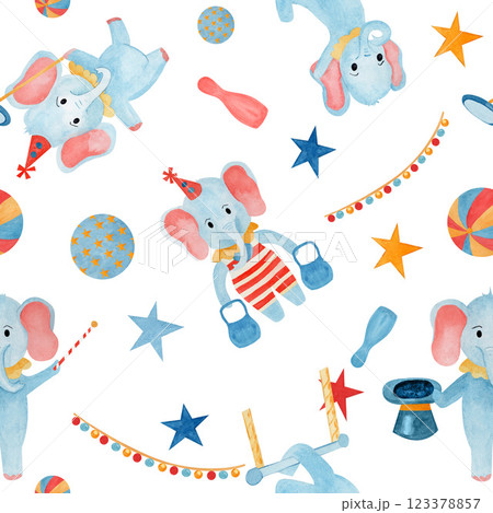 Seamless pattern watercolor hand drawn cartoon elephants: illusionist, strongman, gymnastics, juggler and stars, kettlebell, ball, garlands on white background. For childish fabric, wallpaper nursery 123378857