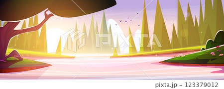 Forest cartoon scene at sunrise with lake Forest cartoon scene at sunrise with lake 123379012