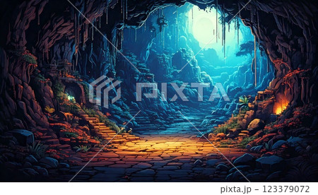 レトロゲーム風の自然のピクセルアート背景（洞窟の内部） Generative AI 123379072