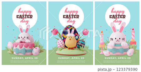 Set of Playful Easter Designs Featuring Bunnies and Eggs, vector illustration 123379390