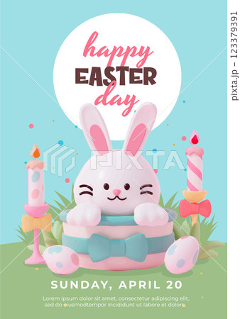 Happy Easter Day with Bunny and Candles in Playful Design, vector illustration 123379391