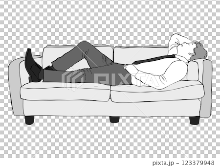 一位商人仰躺在沙發上的插圖（全身、單色、側身） 123379948