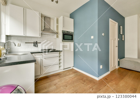 A sleek and contemporary kitchen showcasing white cabinetry, stainless steel appliances, and a minimalist aesthetic with light wood flooring. 123380044