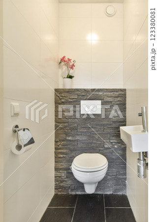 A contemporary bathroom featuring a toilet, a small sink, and a decorative stone wall with a floral element. The design combines sleek lines with natural accents. A contemporary bathroom featuring a toilet, a small sink, and a decorative stone wall with a floral element. The design combines sleek lines with natural accents. 123380081