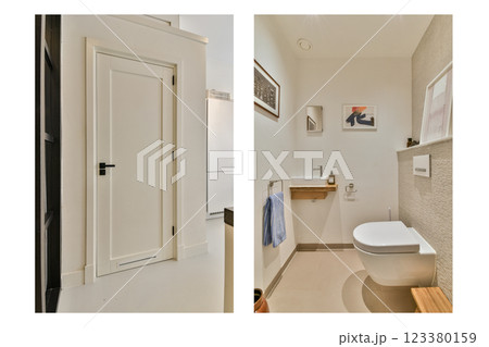 A sleek and elegant bathroom layout showcasing a mix of contemporary elements and functional design. The space features clean lines and a harmonious color palette. 123380159
