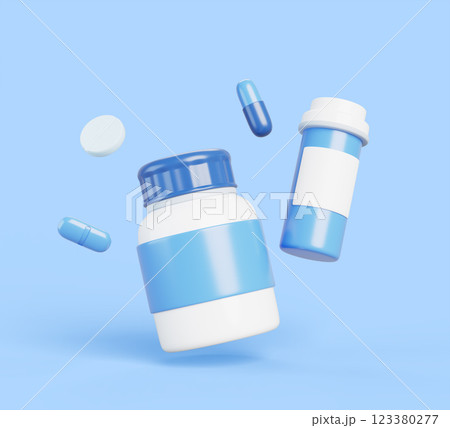 3d pill bottles with medical drugs, white tablets and blue capsules on background. Render cartoon mockup of vitamin or antibiotic jar. Pharmacy closed plastic container with medicine. 3D illustration 123380277