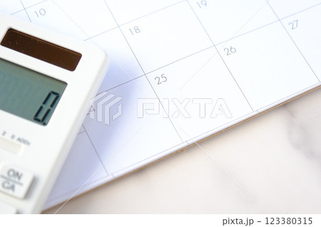 カレンダーを眺めながら電卓を叩いて、給料日の25日を待ち望んでいるイメージ 123380315