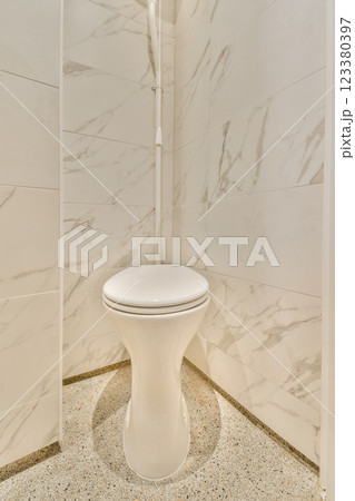 Featuring a stylish toilet against a modern marble wall backdrop and a clean, minimalist design, this image highlights contemporary bathroom aesthetics and functionality. 123380397