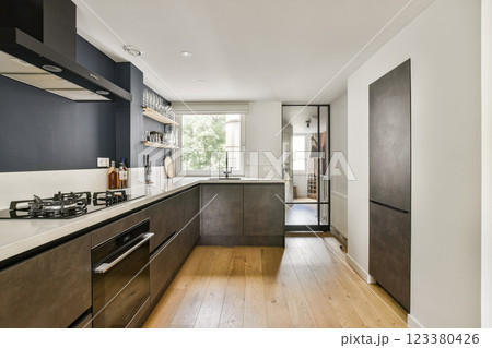 A stylish kitchen showcasing contemporary design elements with a sleek layout, featuring a dark color palette and minimalist decor for an elegant look. 123380426