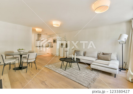 A stylish modern living space featuring a sleek kitchen and comfortable seating area, designed for both functionality and elegance. A stylish modern living space featuring a sleek kitchen and comfortable seating area, designed for both functionality and elegance. 123380427