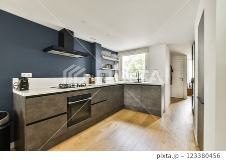 A sleek modern kitchen featuring a minimalist design with dark blue walls, stylish cabinets, and natural lighting from a window. A sleek modern kitchen featuring a minimalist design with dark blue walls, stylish cabinets, and natural lighting from a window. 123380456