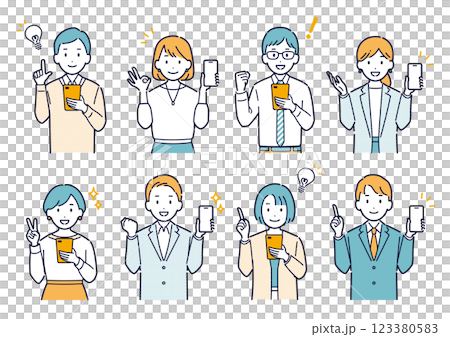 Illustration set of a business person with a bright expression holding a smartphone 123380583