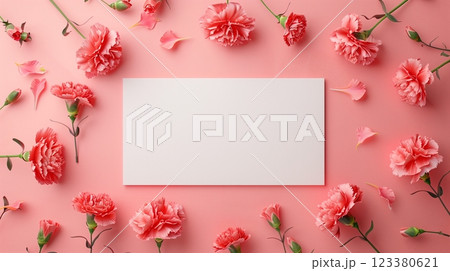 Blank white board and carnation flower for greeting text message 123380621