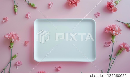 Blank white board and carnation flower for greeting text message 123380622