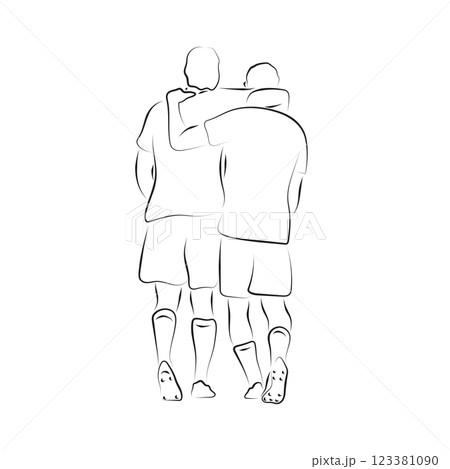 back view of two male soccer players holding together illustration vector hand drawn with black lines isolated on white background 123381090