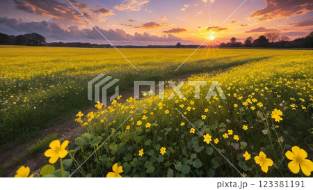 夕日に照らされた花 123381191