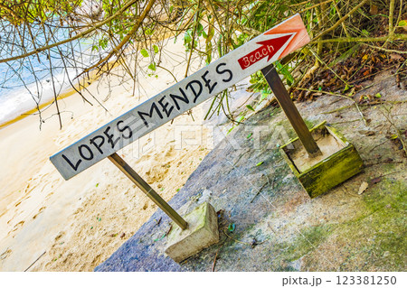 Hiking trail direction sign to Lopes Mendes on Ilha Grande. Hiking trail direction sign to Lopes Mendes on Ilha Grande. 123381250