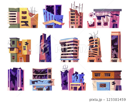 Cartoon ruined buildings. Broken houses, abandoned demolition building debris construction city apocalyptic collapse apartment damaged earthquake or war, swanky vector illustration 123381459