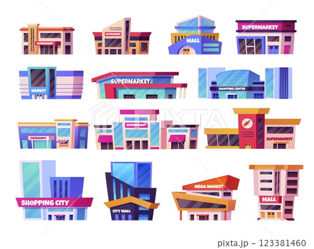 Cartoon mall buildings. Shopping centers, supermarket building outside exterior big hypermarket store retail shop super market modern build outlet set swanky vector illustration 123381460