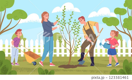 Family plants tree. Father mother son daughter planting and watering trees in backyard at home or country house, parents with children growing plant, eco classy vector illustration 123381461
