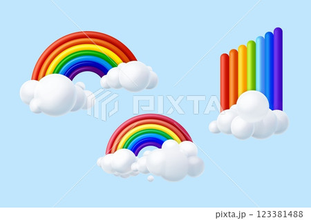 3d rainbow clouds. Render plasticine rainbows clay cloud, spring accessories for kids game or abstract sky background, creative cute arc unicorn element exact vector illustration 123381488