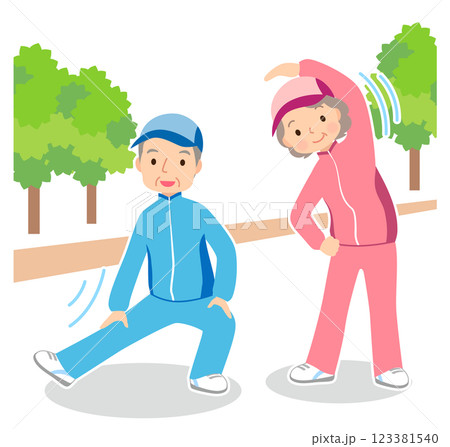 体操をするシニア夫婦　高齢者　健康 123381540