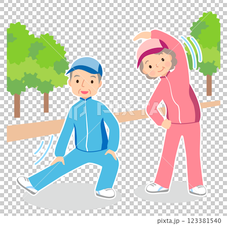 体操をするシニア夫婦　高齢者　健康 123381540