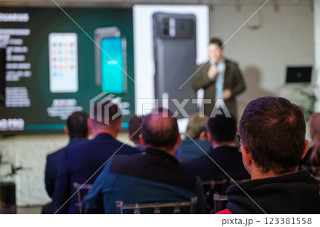 Professional business presentation showcasing latest smartphone technology innovations 123381558