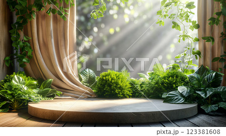 Beautiful wooden platform surrounded by greenery and natural decor. Generative AI 123381608
