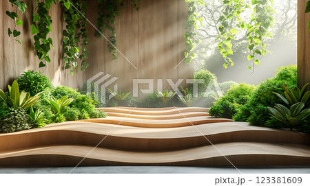 Beautiful wooden platform surrounded by greenery and natural decor. Generative AI 123381609