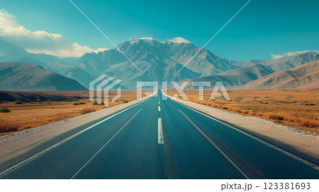 Expansive highway leads to mountains under a clear sky. Generative AI Expansive highway leads to mountains under a clear sky. Generative AI 123381693