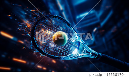 Dynamic tennis racket striking a ball with blue...のイラスト素材 [123381704 ...