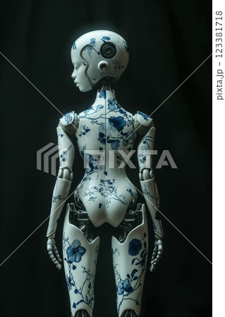 Robot in intricate blue and white porcelain design showcasing artistic craftsmanship. Generative AI 123381718