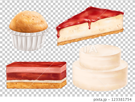 Confectionery set of objects. Sponge cake with mousse, cream, cheesecake with jelly toping, cupcake. Pastry sweet berry dessert for birthday, home parties, sweet gift. Digital isolated illustration 123381754