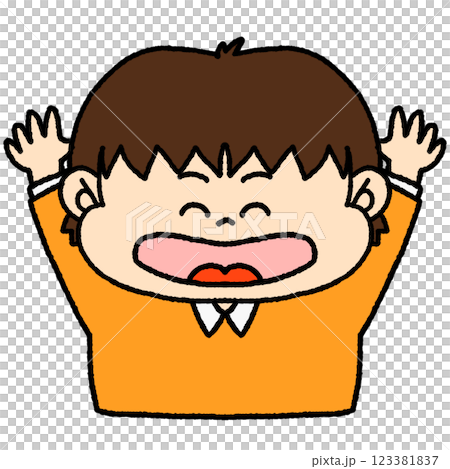 バンザイをして喜ぶ男の子のイラスト バンザイをして喜ぶ男の子のイラスト 123381837