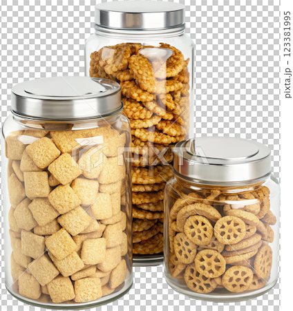Assortment of Crunchy Snack Jars Neatly Arranged on Kitchen Counter 123381995