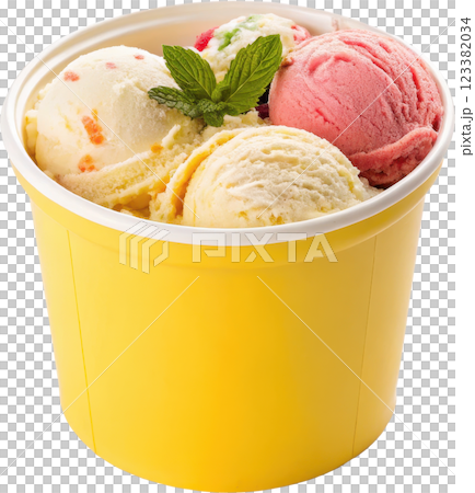 Vibrant Ice Cream Scoops in a Sunny Yellow Container with Mint Garnish 123382034