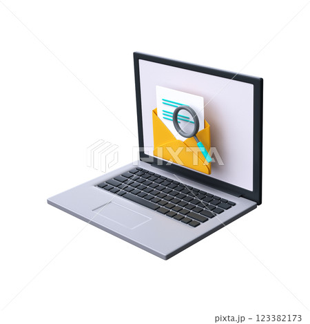 Mail search 3d icon. Letter with magnifying glass on laptop screen 123382173