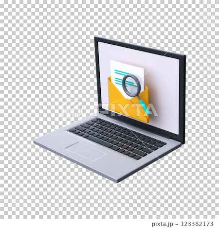 Mail search 3d icon. Letter with magnifying glass on laptop screen Mail search 3d icon. Letter with magnifying glass on laptop screen 123382173