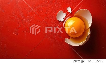 Broken Eggshell Exposing Vibrant Yolk on Bright Red Background Broken Eggshell Exposing Vibrant Yolk on Bright Red Background 123382212