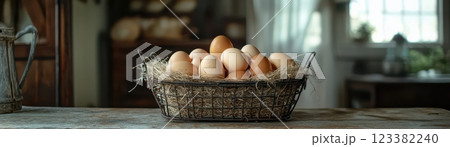 Rustic Eggs Nestled in a Wire Basket on a Wooden Table Rustic Eggs Nestled in a Wire Basket on a Wooden Table 123382240