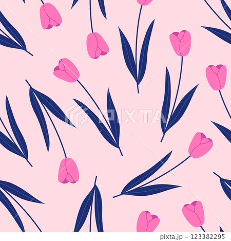 Bright seamless pattern with spring tulips on a pink background. Hand drawn vector illustration for wrapping paper, textile, fabric. Bright seamless pattern with spring tulips on a pink background. Hand drawn vector illustration for wrapping paper, textile, fabric. 123382295