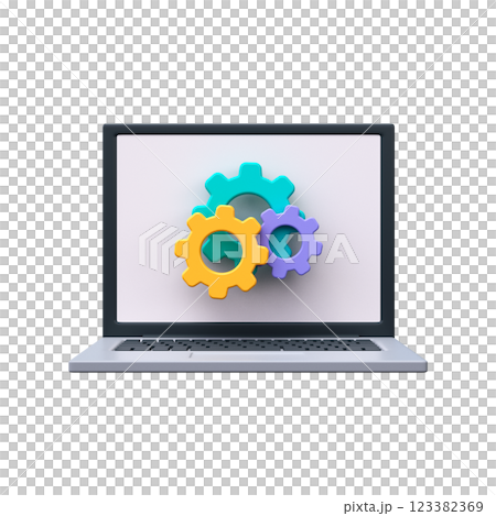 3D Laptop icon and gear. Laptop update process and system settings 123382369