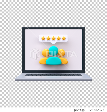 3D users with stars on laptop screen. Online reviews concept in 3d style. 3D users with stars on laptop screen. Online reviews concept in 3d style. 123382373