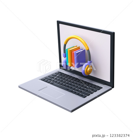 3d audiobooks concept. A stack of books and headphones on a laptop screen. 3d audiobooks concept. A stack of books and headphones on a laptop screen. 123382374