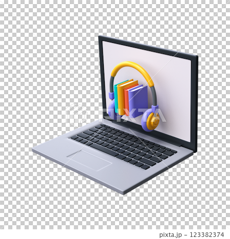3d audiobooks concept. A stack of books and headphones on a laptop screen. 3d audiobooks concept. A stack of books and headphones on a laptop screen. 123382374