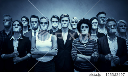 Group of people covering their mouths with tape, censorship and freedom of speech concept 123382497